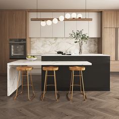 a kitchen with marble counter tops and wooden stools next to an island in the middle