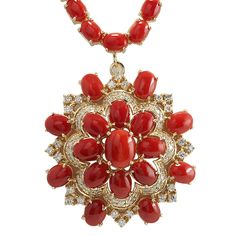 67.80 Carat Natural Coral 14K Yellow Gold Diamond Necklace - Fashion Strada Beautiful Diamond Necklace, Gold Link Necklace, Solitaire Pendant Necklace, Gold Diamond Necklace, Natural Coral, Yellow Gold Chain, Diamond Pendant Necklace, Simple Necklace, Red Coral