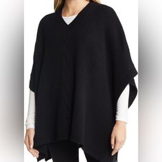 90% Wool , 10% Cashmere. One Size Fits All. Cozy Cashmere Cape, Chic Black Wool Cape, Chic Black Poncho For Layering, Wool Black Poncho For Fall, Black Wool Poncho For Fall, Black Cape Poncho For Work, Black Workwear Poncho Cape, Kimono Shrug, Knit Poncho Sweater