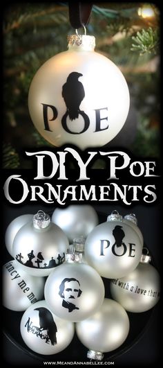 christmas ornaments with the words poe diy pop ornaments on them and an ornament