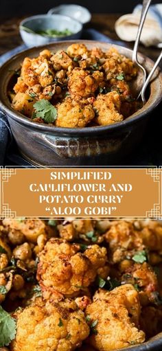 cauliflower and potato curry is served in a bowl with spoons on the side