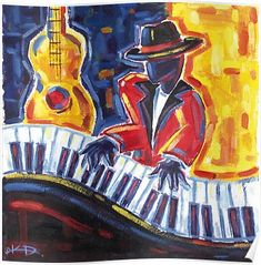 an acrylic painting of a man playing the piano with a guitar in the background