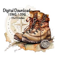 a pair of hiking boots sitting on top of a piece of paper with the words, digital