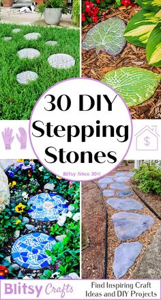 several different pictures with the words 30 diy stepping stones on them and some flowers