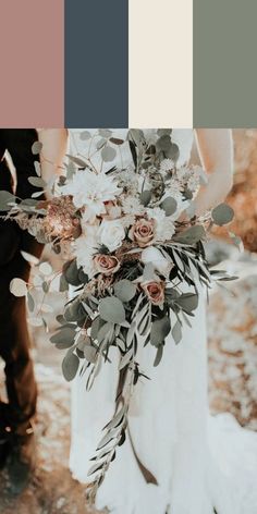 a bride and groom holding their wedding bouquet in front of the camera with color swatches