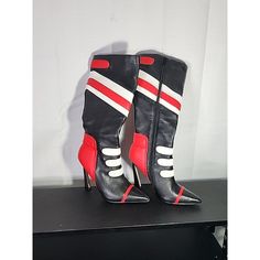 Excellent Pre-Owned Condition With No Rips, Stains, Or Other Issues. Zippers Work Great. Heels Measure 4" Tall. Please See Pictures And Feel Free To Let Me Know If You Have Any Questions. Retro Fitted High Heeled Boots, Bold High Heeled Boots For Winter, Retro High Heel Fitted Boots, Bold High Heeled Winter Boots, Retro Fitted High Heel Boots, Black Boots With Red Sole For Fall, Bold Fitted Heeled Boots With Round Toe, Retro Styled Pointed Toe Fitted Heeled Boots, Retro Fitted Heeled Boots With Pointed Toe