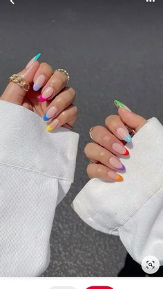 Fun Festival Nails, Carnaval Nails Design, Multi Colored French Nails, French Tip Colored Nails, Simple Neon Nails, Simple Colorful Nails, Different Color French Tips, Multicolor French Tip Nails, Multi Colored French Tip Nails