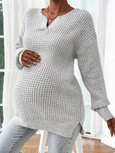 Maternity Solid V-Neck Long Sleeve Minimalist Sweater, Casual Everyday Wear, For Winter Grey Casual  Long Sleeve Knitwear Plain Pullovers Slight Stretch  Maternity Clothing, size features are:Bust: ,Length: ,Sleeve Length: Maternity Tops Shein, Gray V-neck Sweater For Loungewear, V-neck Knitted Sweater For Loungewear, Knitted V-neck Sweater For Loungewear, Gray Textured Knit V-neck Sweater, Gray Knitted V-neck Sweater, Gray Textured Knit V-neck Top, Cozy Gray V-neck Top, Minimalist Sweater