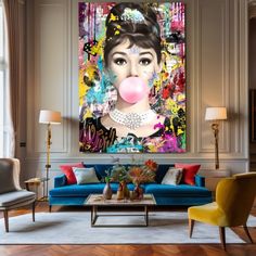 a living room filled with furniture and a large painting on the wall above it's head