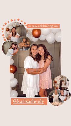 two women hugging each other in front of balloons