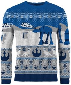 a blue and white sweater with an image of star wars in the snow on it