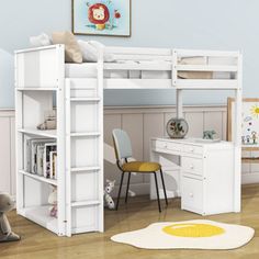 a child's bedroom with bunk bed, desk and chair