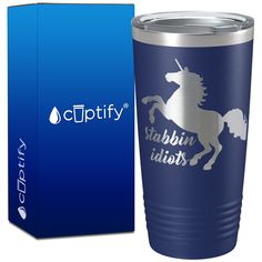 a blue cup with a unicorn on it next to a box for the cupty logo