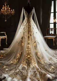 a wedding dress with lights on it and a long veil over the top, in front of a chandelier