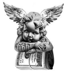 a drawing of an angel with money on it's back and wings over its head