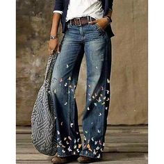 Women's Jeans Flared Pants Faux Denim Side Pockets Wide Leg Print Mid Waist Full Length 1 Summer 2024 - $32.99 Long Pants Fashion, Braised Cabbage, Floral Print Pants, Floral Jeans, Painted Jeans, Loose Jeans, Vintage Pants, Casual Sporty, Loose Pants