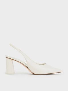 White Elastane Trapeze Heel Slingback Pumps | CHARLES & KEITH Charles And Keith White Heels, White Close Toed Heels, White Pointed Heels Outfit, Pointed Toe Wedding Heels, Charles And Keith Heels, Work Baddie, White Shoes Wedding, White Heels Outfit, Reception Shoes