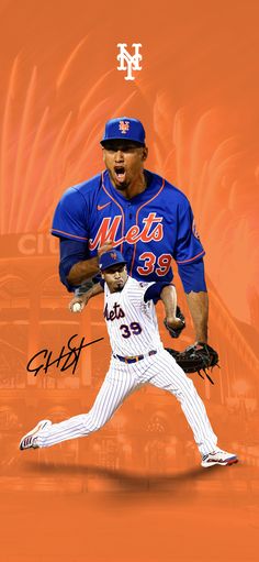 a baseball player is running with the ball in his hand and an orange background behind him