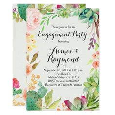 a wedding card with flowers and succulents on it