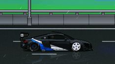 an image of a car driving down the road in pixel art style with blue and white stripes