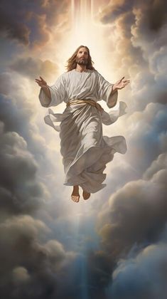 jesus floating in the clouds with his arms outstretched and hands out to the sky above him