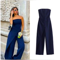 Straight Neck Jumpsuit With Front Pare Style Wrap. Wide Leg. Side Hidden In-Seam Zip Closure. Navy Blue Zara Pink Dress, Sarong Pants, Zara Slip Dress, Victorian Shirt, Long Denim Dress, Wedding Guest Dresses Long, Summer Shift Dress, Pants Jumpsuit, Jumpsuit Navy Blue