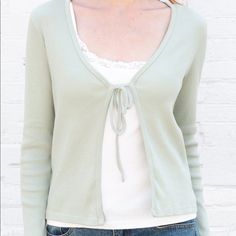 New With Tags Color: Sage Green Tie Front Sweater Outfit, Brandy Melville Elizabeth Sweater, Athelia Knit Top, Elizabeth Cardigan, Sage Green Cardigan, Elizabeth Sweater, Brandy Melville Cardigan, Color Sage Green, Light Blue Cardigan