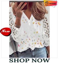 Women's Shirt Blouse White Pink Graphic Floral Lace Cut Out Long Sleeve Work Casual Elegant V Neck Regular S White Printed Non-stretch Blouse, Non-stretch Printed White Blouse, Graphic Floral, Color Pick, Blouse White, Women Shirts Blouse, Work Casual, Neck Shirt, Shoulder Sleeve