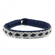 Handmade single wrap Bracelet created in blue leather with woven Pewter and horn clasp by Maria Rudman.  16.5cm