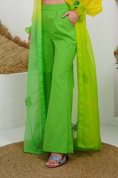 Lime yellow ombre-dyed silk organza long cape style jacket with 3D coral applique embroidery and balloon sleeves. Comes with pant and a bustier. - Aza Fashions Green Sets With Sheer Dupatta For Spring, Green Pant Set For Eid Party, Green Pant Set For Spring Party, Spring Party Green Pant Set, Green Pant Set For Summer Party, Green Palazzo Set With Sheer Dupatta For Summer, Summer Organza Palazzo Set With Sheer Dupatta, Spring Designer Pant Set With Dupatta, Spring Party Silk Pant Set