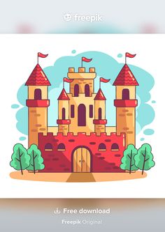 a cartoon castle with trees and bushes in front of it, the text freepik is