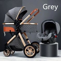 an image of a baby stroller and car seat with the words grey on it