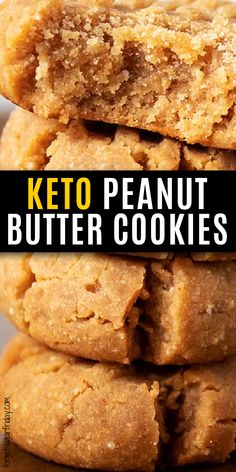 three peanut butter cookies stacked on top of each other with the words keto peanut butter cookies