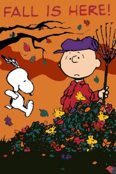 a charlie brown thanksgiving card with the words fall is here and a dog holding a broom