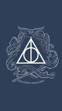 the deathly hallows logo on a dark blue background with ribbons and scrolls around it