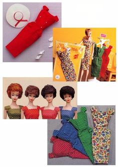 four pictures of different types of clothes and accessories for dolls, including one woman's dress