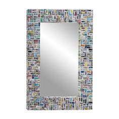 a mirror with many pictures on it and a white border around the edges, in front of a white background