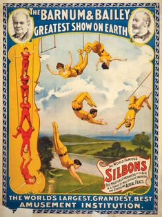 an advertisement for the circus shows men hanging upside down on ropes and holding onto strings