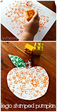 an apple shaped paper pumpkin is being made with legos and stamping on it