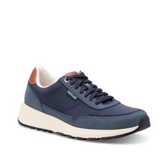 Eastland-Leap Jogger Sneaker Add to your casual collection with the Leap Jogger sneaker from Eastland. With a durable nylon and leather design, foam padded footbed, and soft lining combine for a well-rounded fit. Leather Design, Navy, Sneakers, Leather, Design