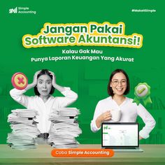 an advertisement with two women in front of stacks of paperwork and a laptop on the desk