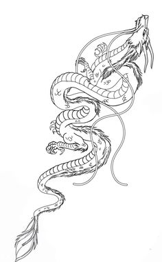 a black and white drawing of a dragon with its tail curled up in the air