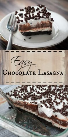 chocolate lasagna dessert with whipped cream and chocolate chips