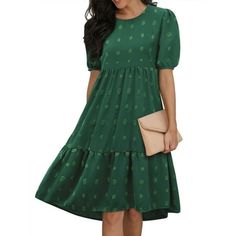 HUBERY Women Crew Neck Short Puff Sleeve Ruffled Keyhole Back Midi Dress Size: L.  Color: Green.  Gender: female.  Age Group: adult. Midi Party Dress, Spring Maxi Dress, Dresses Casual Fall, Long Sweater Dress, Striped Sleeveless Dress, Ladies Turtleneck Sweaters, Women Long Sleeve Dress, Comfy Dresses, Midi Dress Casual