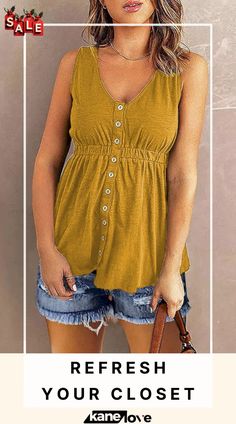 Button V Nekc Tunic Casual Non-stretch Buttoned Tops, Casual Non-stretch Button-up Top, Yellow Non-stretch Casual Top, Elevate Your Style, Women's Fashion Dresses, Your Style, Fashion Dresses, Free Shipping, Dresses