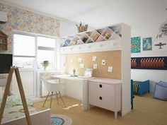 a bedroom with a desk and shelves in the corner, next to a window that has flowers on it