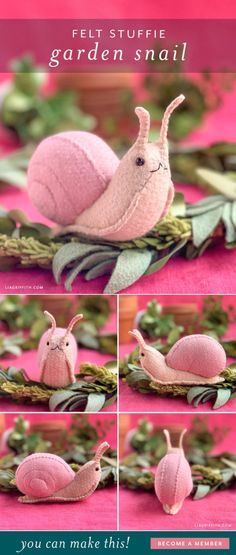 the instructions for how to make felt slug garden snails in pink and green colors