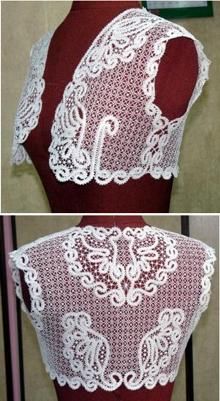 the back of a woman's dress with white lace on it and an image of a