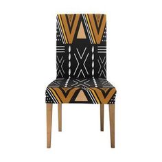 an upholstered chair with geometric patterns on the back and sides, against a white background