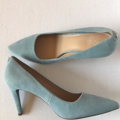 Nwt Michael Kors Light Blue Suede Shoes Size 9.5 Never Worn Blue Court Shoes With Medium Width And Round Toe, Blue Court Shoes With 4-inch Heel And Medium Width, Blue Closed Toe Heels With Branded Insole, Blue Cushioned Slip-on Heels, Blue Slip-on Heels, Blue Almond Toe Court Shoes Medium Width, Blue High Heels With Cushioned Footbed, Blue Suede Heels With Removable Insole, Blue Suede Shoes